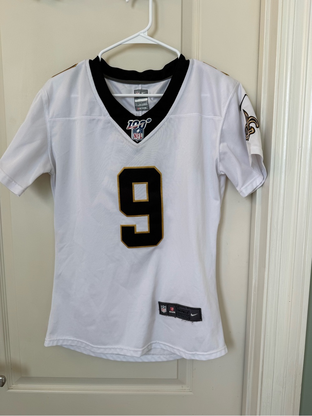 Nike White Women's Football Jersey with Black and Gold Accents #9